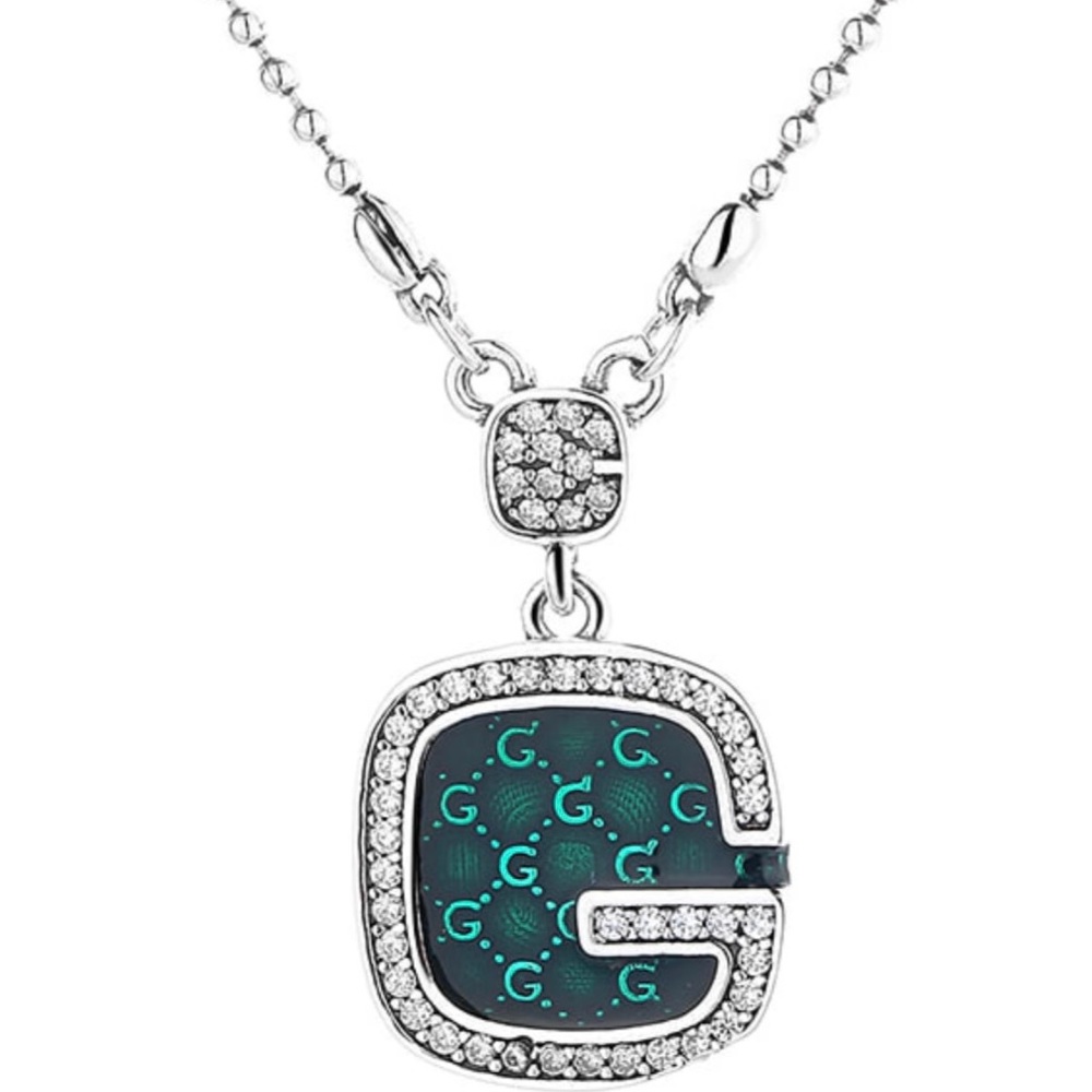 925 Sterling Silver Green Letter Vintage Necklace